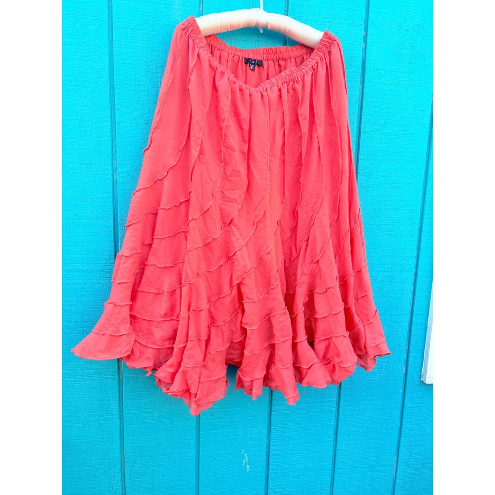 Coral Pink Tiered Ruffle Skirt XL Elastic Waist Boho Lettuce Edge Dopamine - Picture 1 of 5